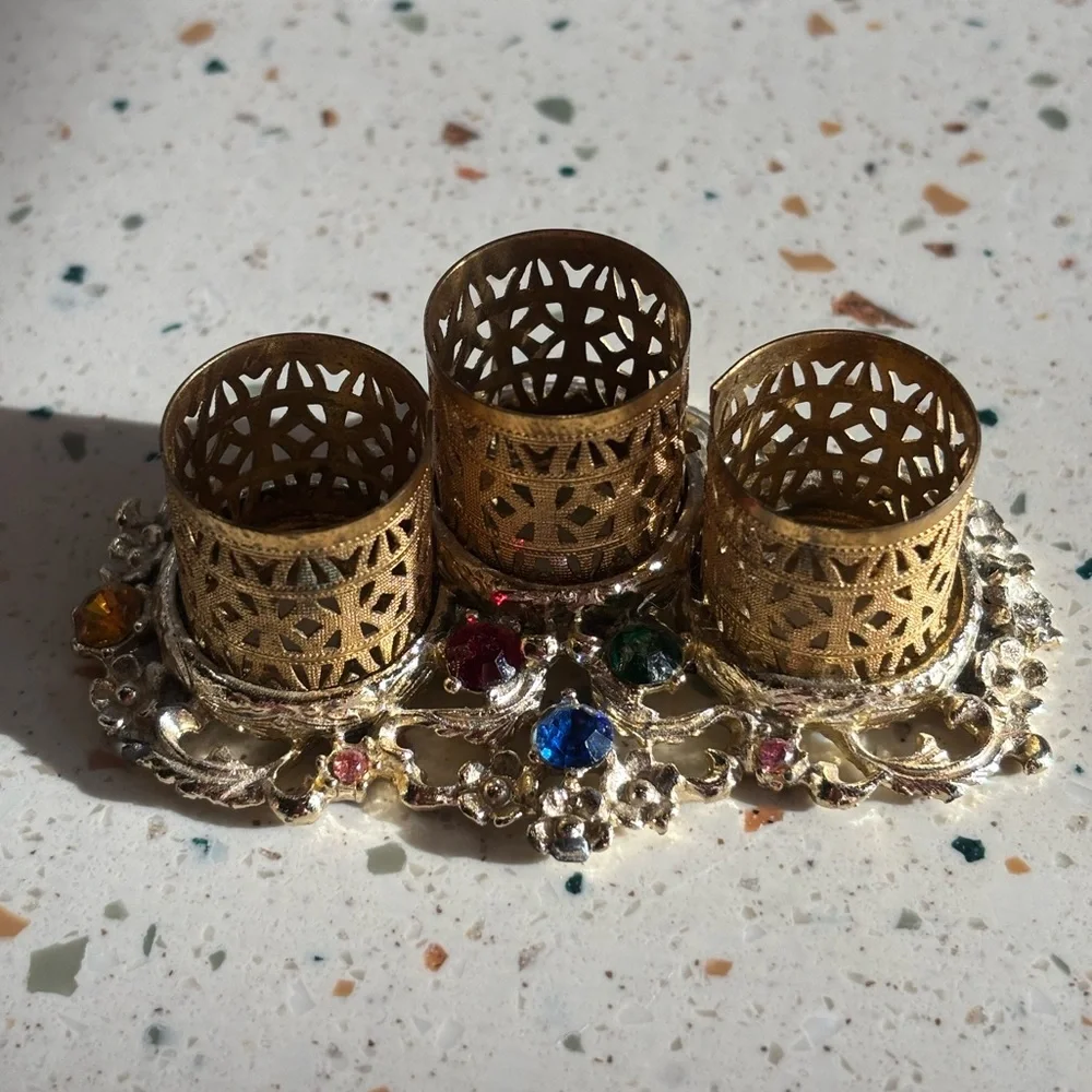 VTG Gold‎ Lipstick Holder Vanity Organizer w/ Rhinestones Filigree Triple Holder